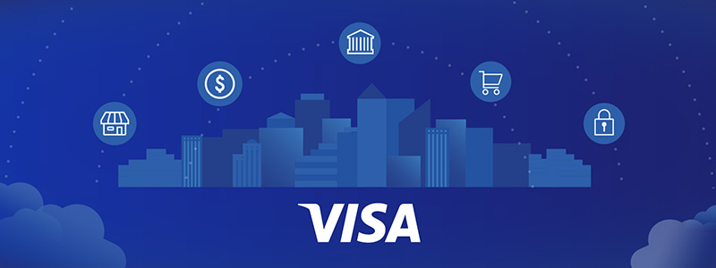 City illustration and the Visa logo.