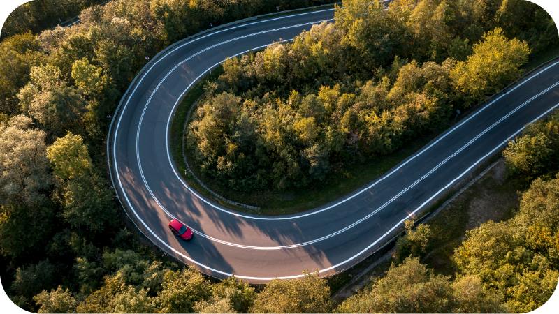 A bird view of a road waving among trees and a car driving along the road